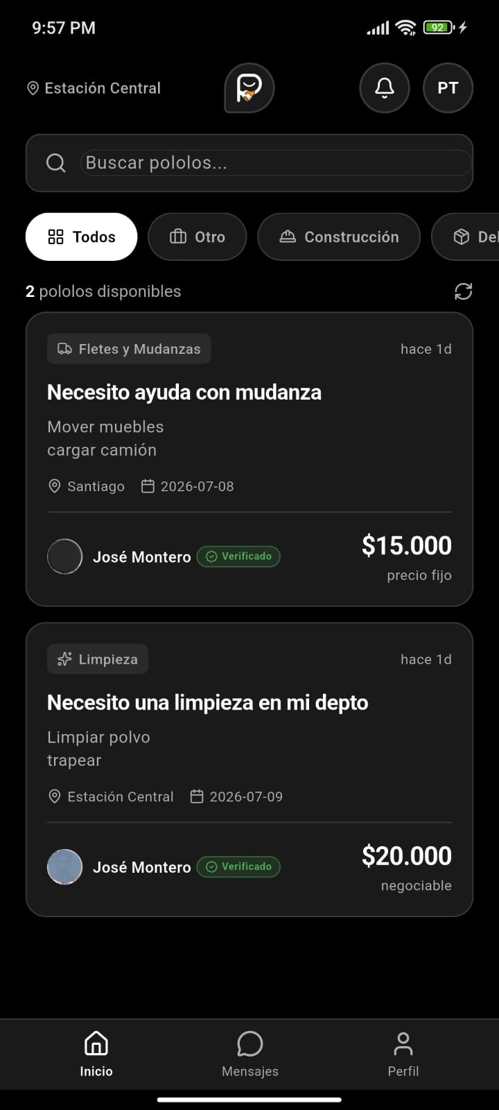 Captura de la app Pololito en modo oscuro
